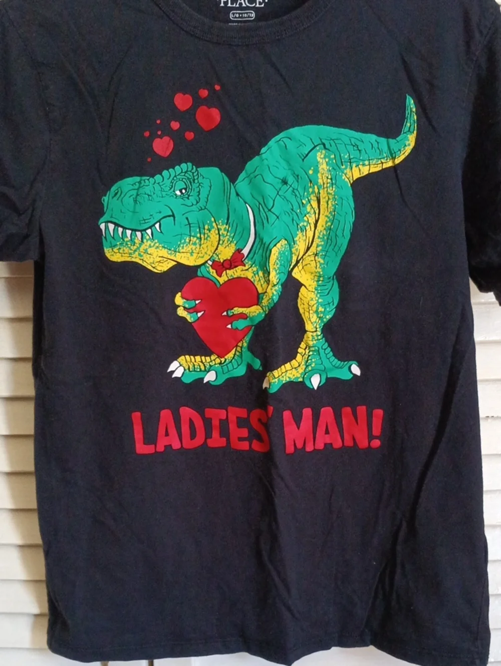 The Children's Place Black Tee with Green & Yellow T-Rex Holding Red Heart